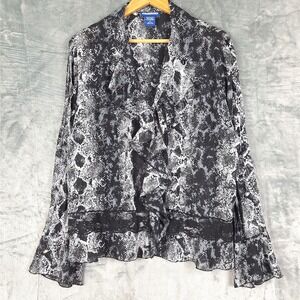 Womens Top XL Button Up Snakeskin Animal Victorian Blouse Ruffle Lace Whimsigoth
